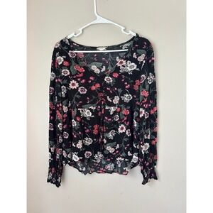 Aeropostale Floral Print Long Sleeve V Neck Top Black Red White Flowers